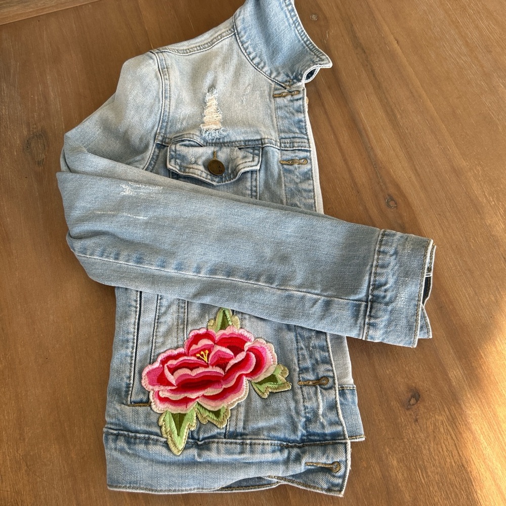 Distressed Denim Jacket with Embroidered Rose